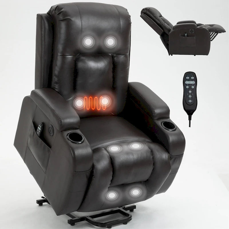 Fauteuil inclinable releveur avec massage, chauffage, ports USB et porte-gobelets noir
