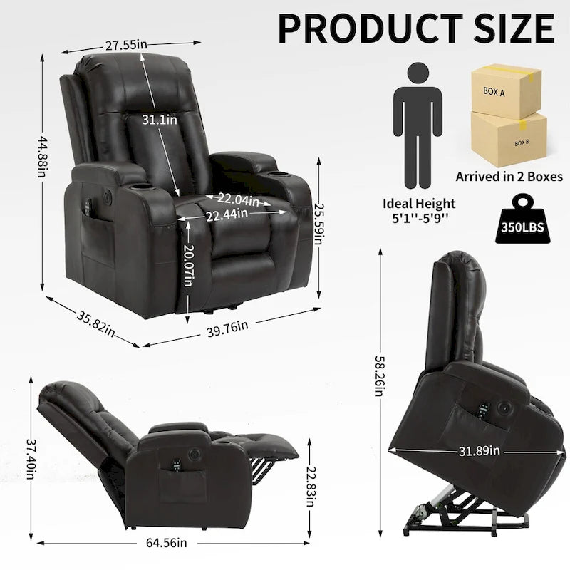 Fauteuil inclinable releveur avec massage, chauffage, ports USB et porte-gobelets noir