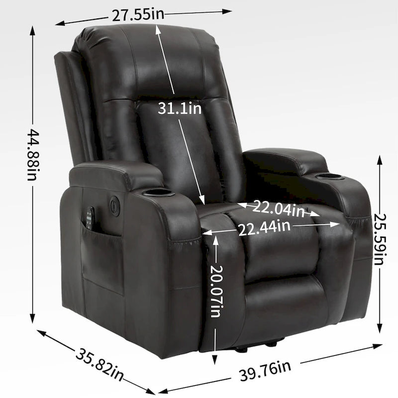 Fauteuil inclinable releveur avec massage, chauffage, ports USB et porte-gobelets noir