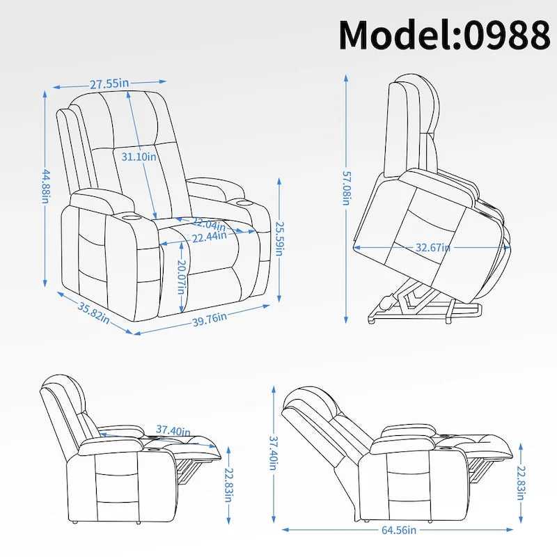 Fauteuil inclinable releveur avec massage, chauffage, ports USB et porte-gobelets noir