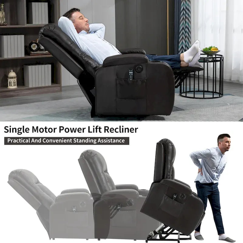 Fauteuil inclinable releveur avec massage, chauffage, ports USB et porte-gobelets noir