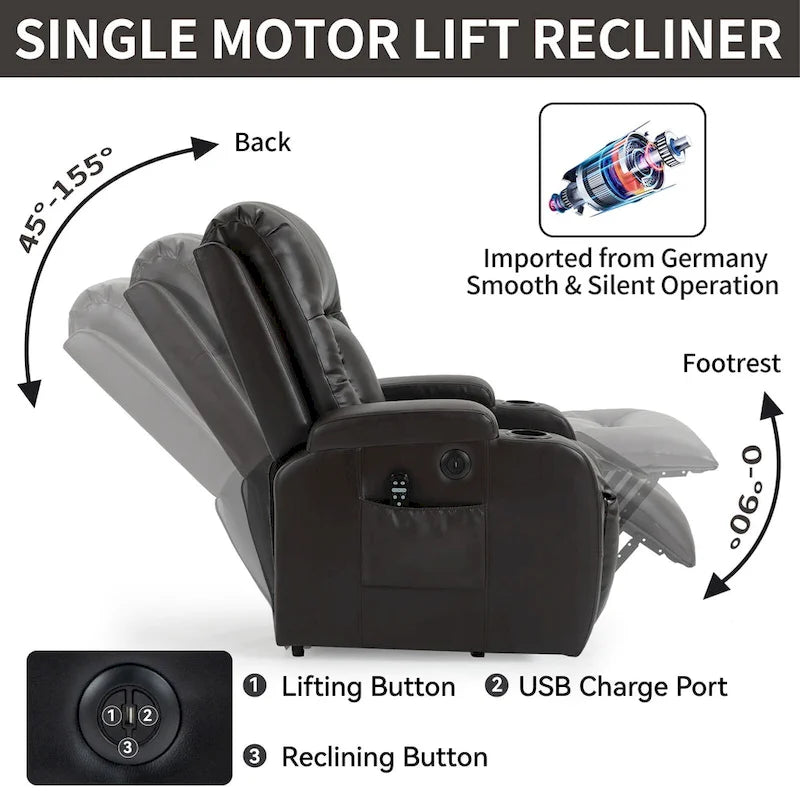 Fauteuil inclinable releveur avec massage, chauffage, ports USB et porte-gobelets noir