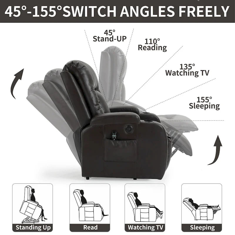 Fauteuil inclinable releveur avec massage, chauffage, ports USB et porte-gobelets noir