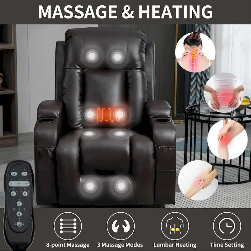 Fauteuil inclinable releveur avec massage, chauffage, ports USB et porte-gobelets noir