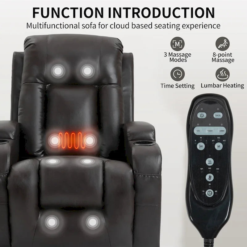 Fauteuil inclinable releveur avec massage, chauffage, ports USB et porte-gobelets noir