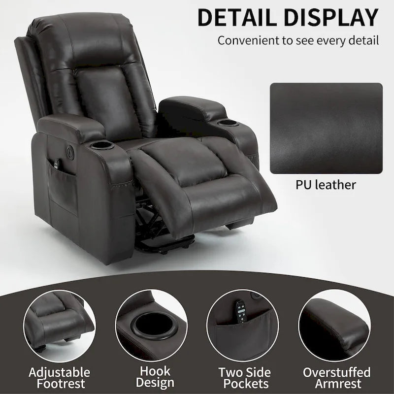 Fauteuil inclinable releveur avec massage, chauffage, ports USB et porte-gobelets noir