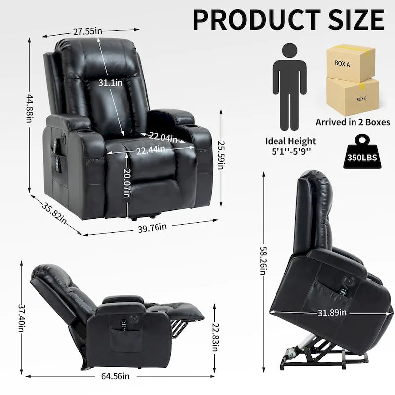 Fauteuil inclinable releveur avec massage, chauffage, ports USB et porte-gobelets noir