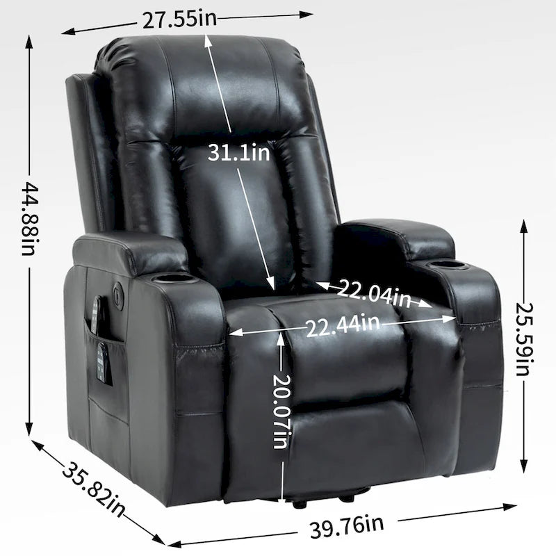 Fauteuil inclinable releveur avec massage, chauffage, ports USB et porte-gobelets noir