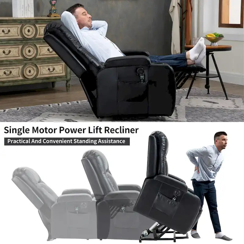 Fauteuil inclinable releveur avec massage, chauffage, ports USB et porte-gobelets noir