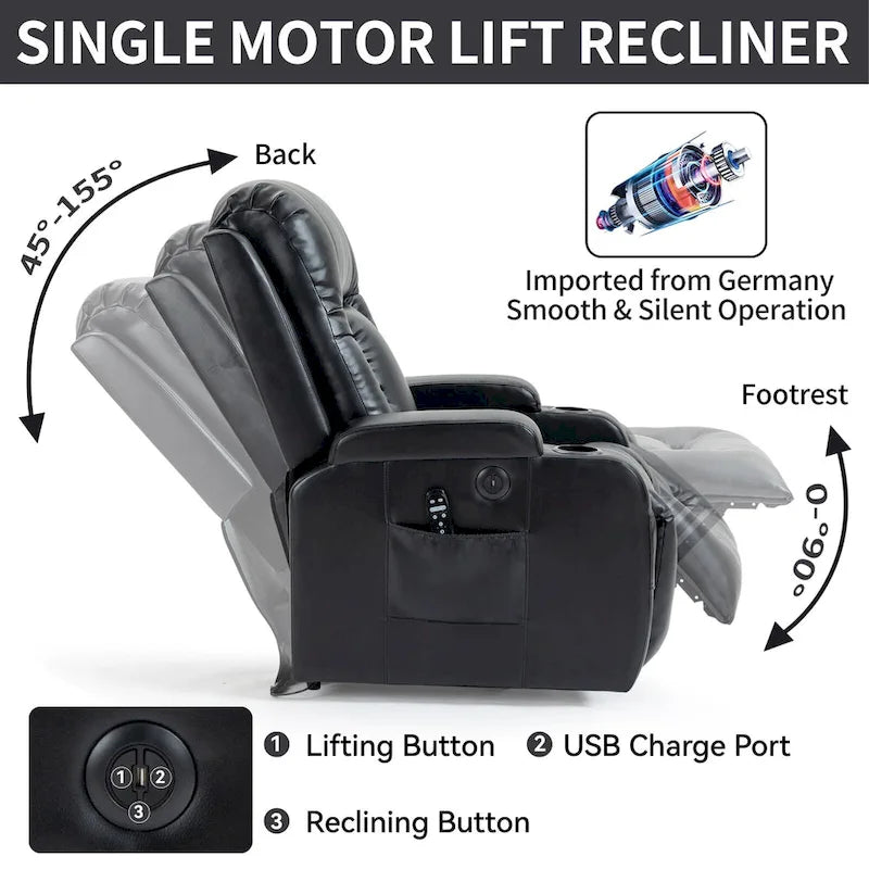 Fauteuil inclinable releveur avec massage, chauffage, ports USB et porte-gobelets noir