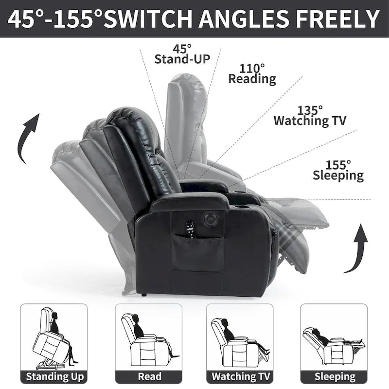 Fauteuil inclinable releveur avec massage, chauffage, ports USB et porte-gobelets noir