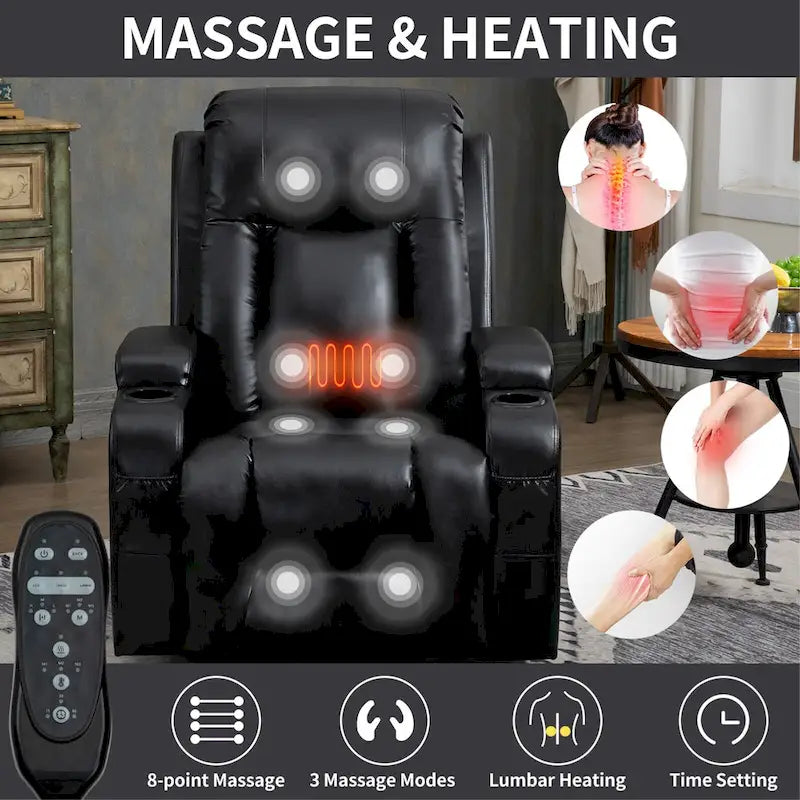 Fauteuil inclinable releveur avec massage, chauffage, ports USB et porte-gobelets noir