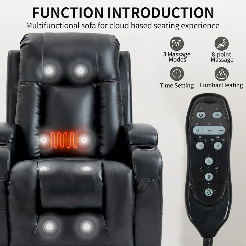 Fauteuil inclinable releveur avec massage, chauffage, ports USB et porte-gobelets noir