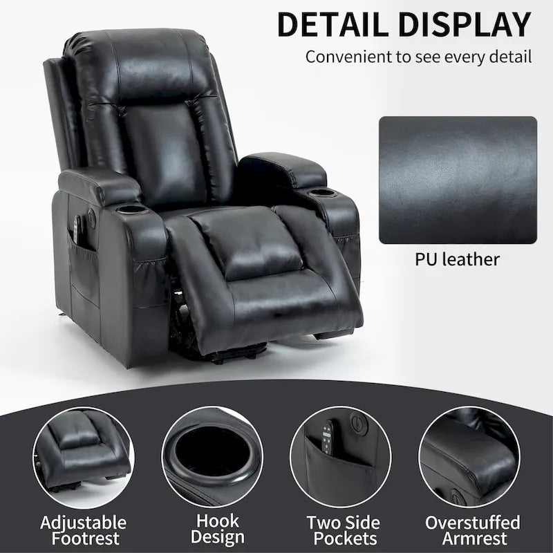 Fauteuil inclinable releveur avec massage, chauffage, ports USB et porte-gobelets noir