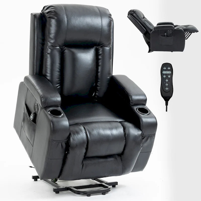 Fauteuil inclinable releveur avec massage, chauffage, ports USB et porte-gobelets noir