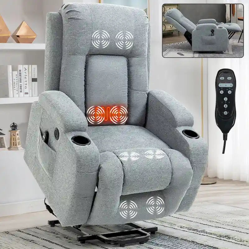 Fauteuil inclinable releveur avec massage, chauffage, ports USB et porte-gobelets noir