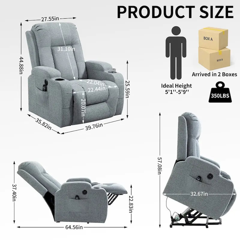 Fauteuil inclinable releveur avec massage, chauffage, ports USB et porte-gobelets noir