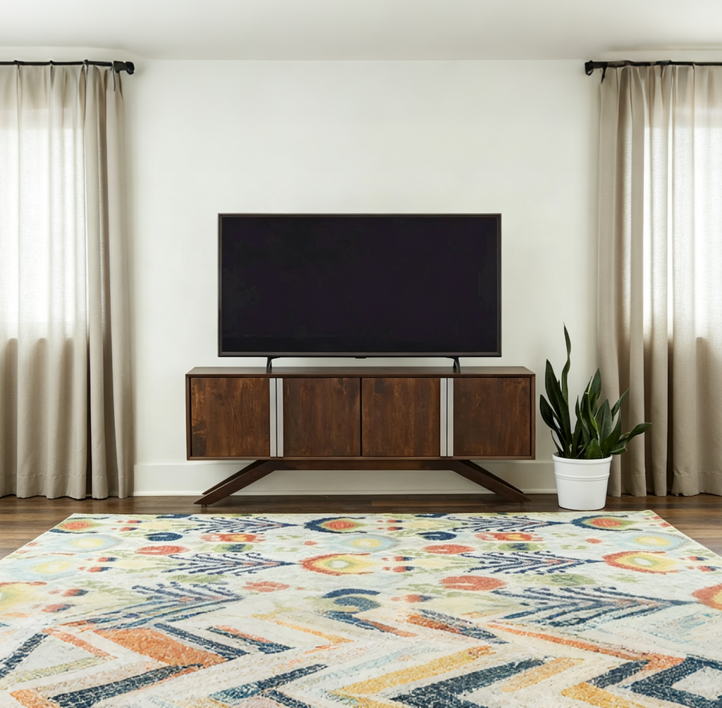 Meuble TV en noyer massif style Mid-Century Modern avec portes de rangement