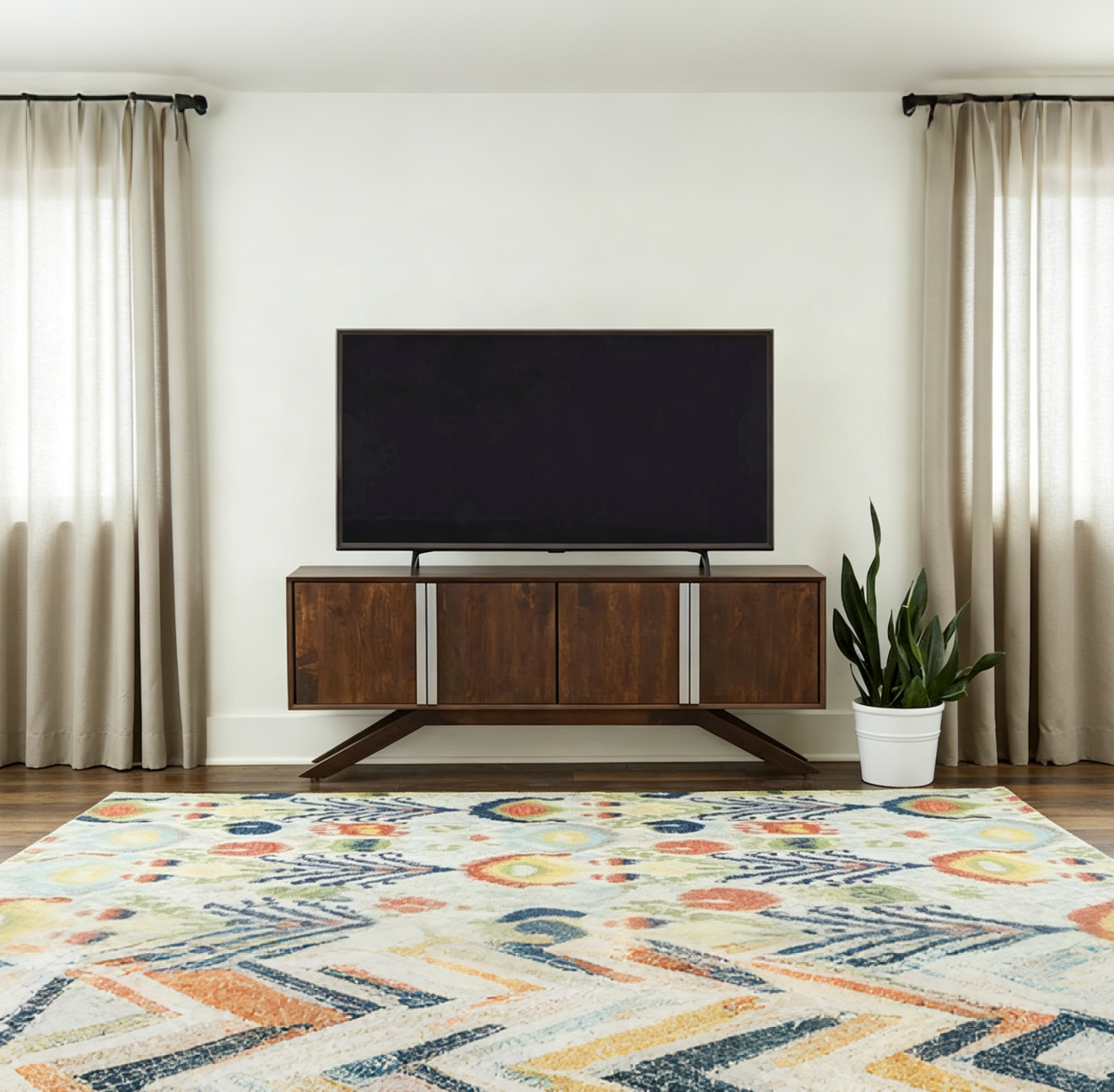 Mid-Century Modern Solid Wood Walnut TV Stand with Storage Doors