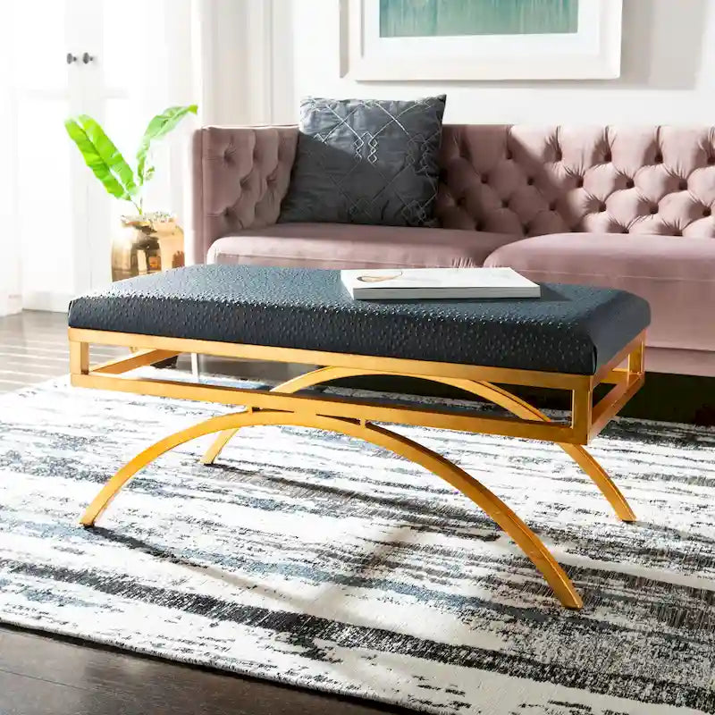 Banc incurvé Modern Glam tapissé avec cadre en métal doré, bleu marine