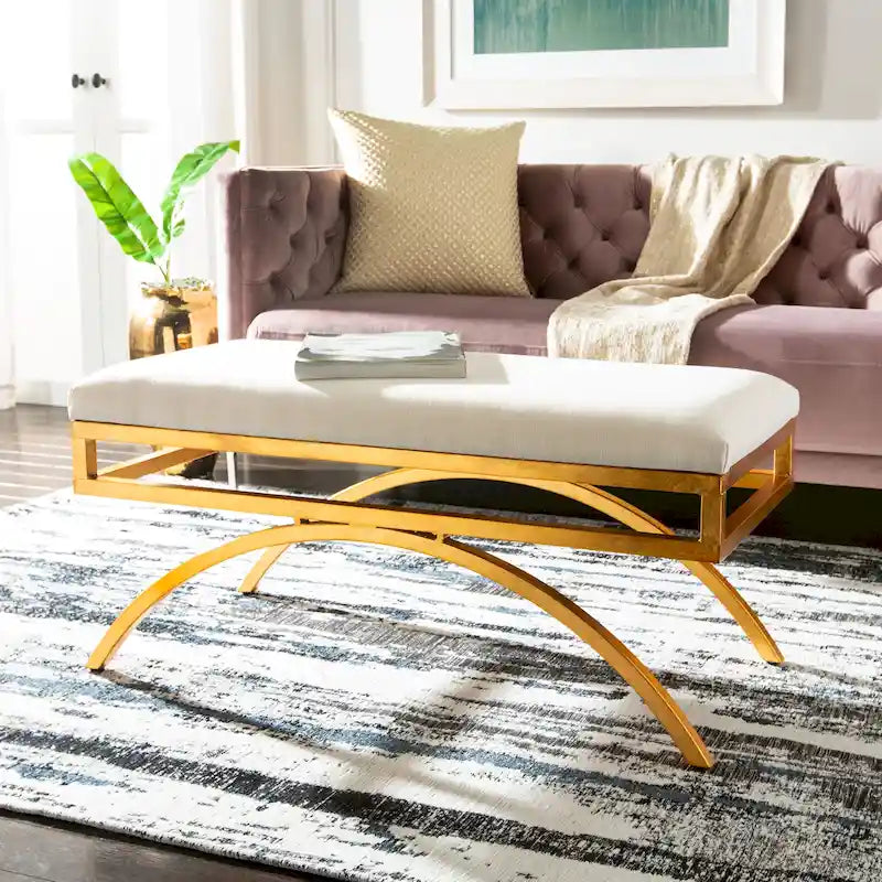 Banc incurvé Modern Glam tapissé avec cadre en métal doré, bleu marine