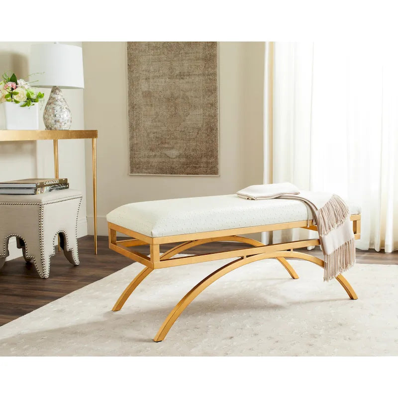 Banc incurvé Modern Glam tapissé avec cadre en métal doré, bleu marine