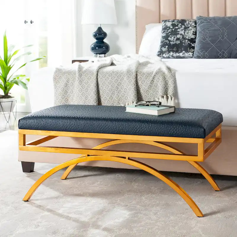 Banc incurvé Modern Glam tapissé avec cadre en métal doré, bleu marine