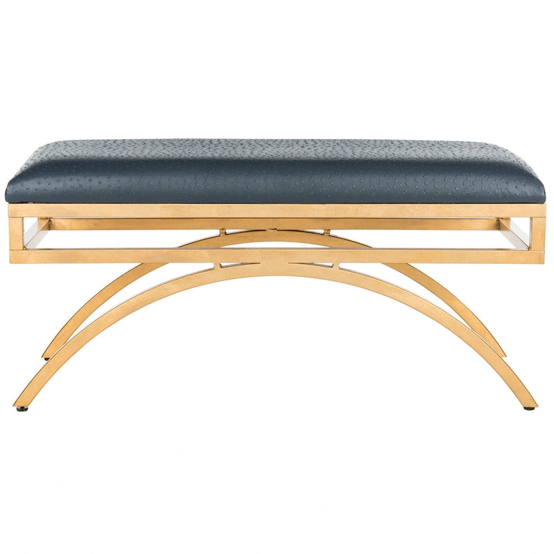 Banc incurvé Modern Glam tapissé avec cadre en métal doré, bleu marine