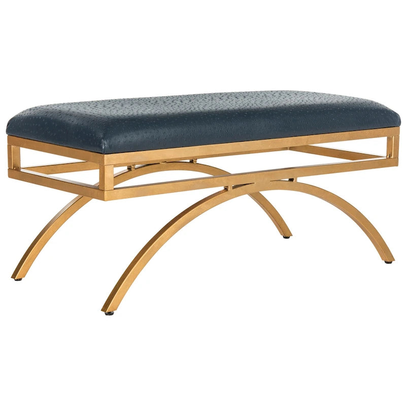 Banc incurvé Modern Glam tapissé avec cadre en métal doré, bleu marine