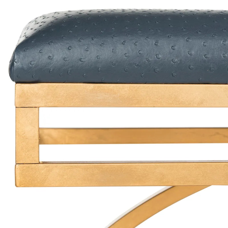 Banc incurvé Modern Glam tapissé avec cadre en métal doré, bleu marine