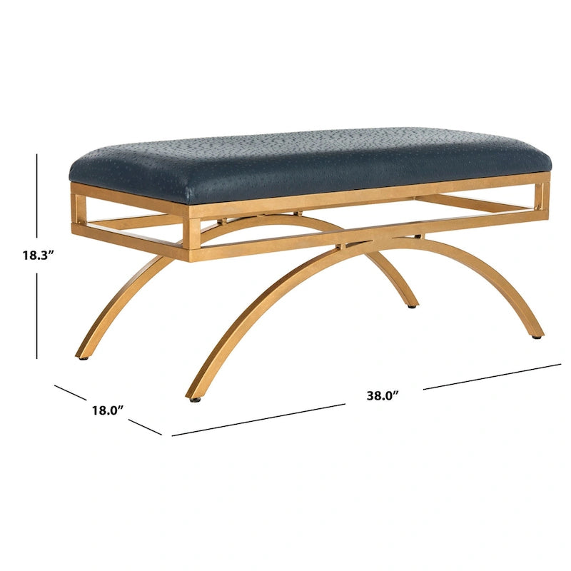 Banc incurvé Modern Glam tapissé avec cadre en métal doré, bleu marine