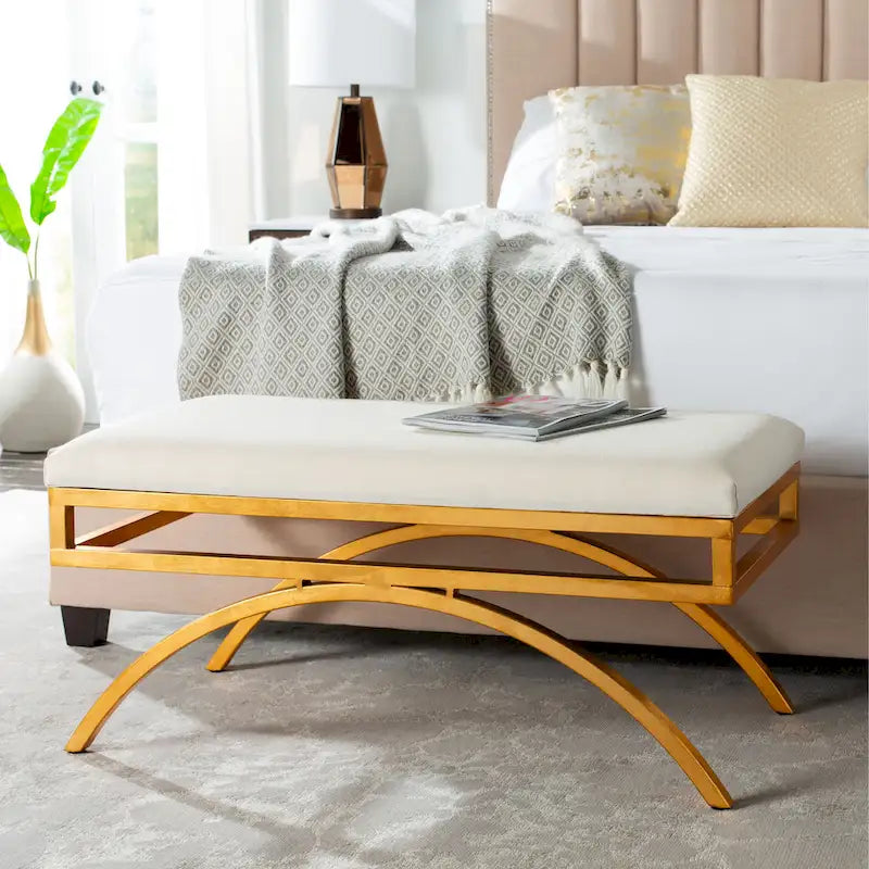Banc incurvé Modern Glam tapissé avec cadre en métal doré, bleu marine
