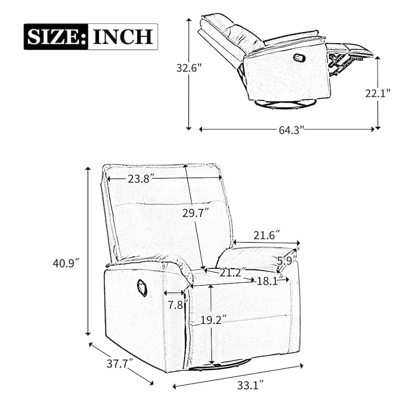 Fauteuil inclinable manuel pivotant et basculant en tissu lin avec accoudoirs rembourrés Gris Beige