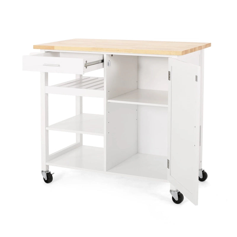 Chariot de cuisine roulant avec plateau en bois naturel et étagères de rangement