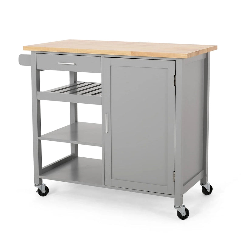 Chariot de cuisine roulant avec plateau en bois naturel et étagères de rangement