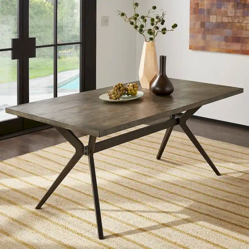 Table à manger tréteaux métal gris et plateau bois style Mid-Century Modern