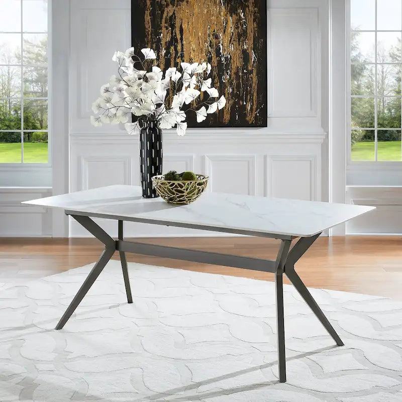 Table à manger tréteaux métal gris et plateau bois style Mid-Century Modern