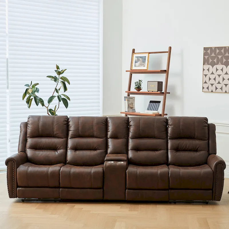 Fauteuil inclinable électrique en similicuir marron avec dossier haut, clous décoratifs et appuie-tête réglable avec port USB