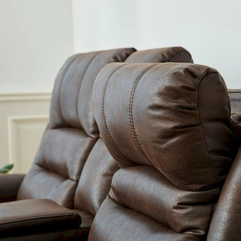 Fauteuil inclinable électrique en similicuir marron avec dossier haut, clous décoratifs et appuie-tête réglable avec port USB
