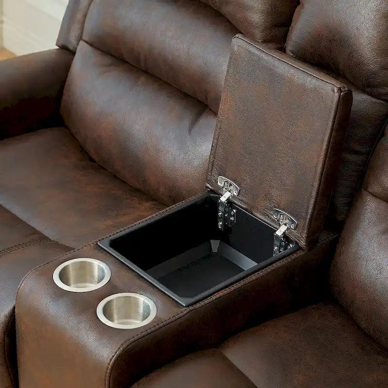 Fauteuil inclinable électrique en similicuir marron avec dossier haut, clous décoratifs et appuie-tête réglable avec port USB