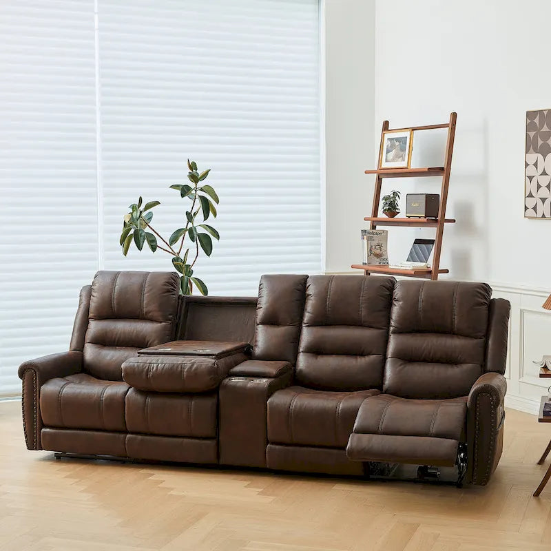 Fauteuil inclinable électrique en similicuir marron avec dossier haut, clous décoratifs et appuie-tête réglable avec port USB