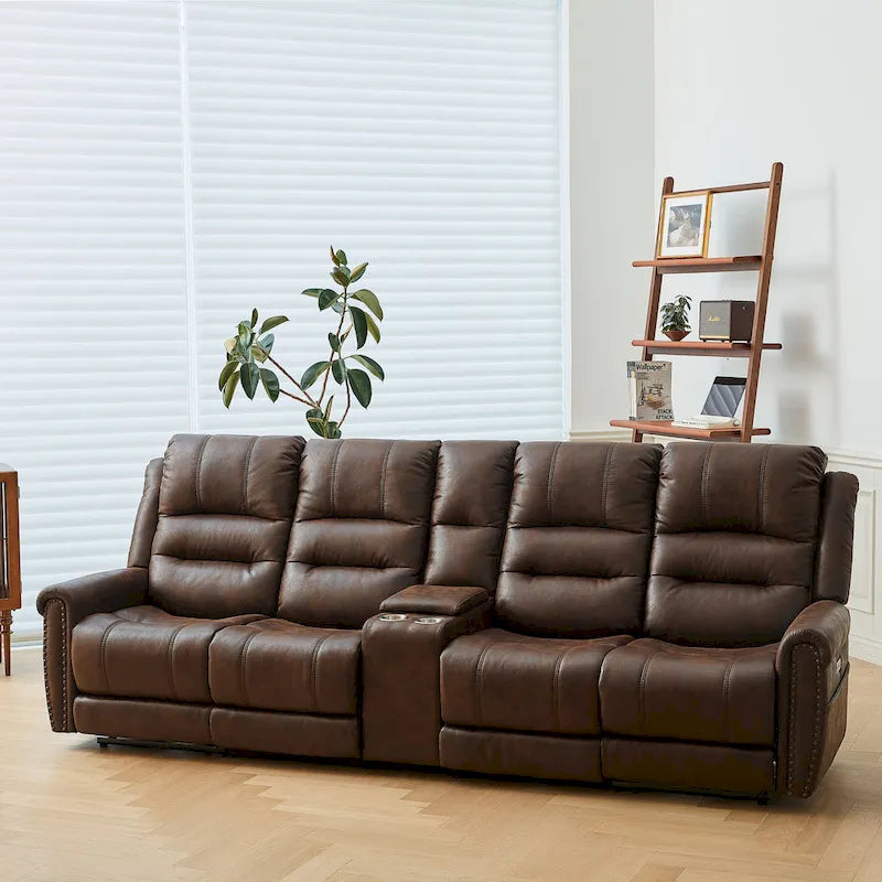 Fauteuil inclinable électrique en similicuir marron avec dossier haut, clous décoratifs et appuie-tête réglable avec port USB