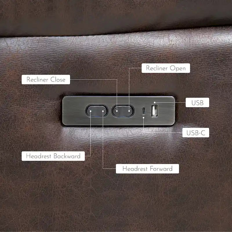 Fauteuil inclinable électrique en similicuir marron avec dossier haut, clous décoratifs et appuie-tête réglable avec port USB