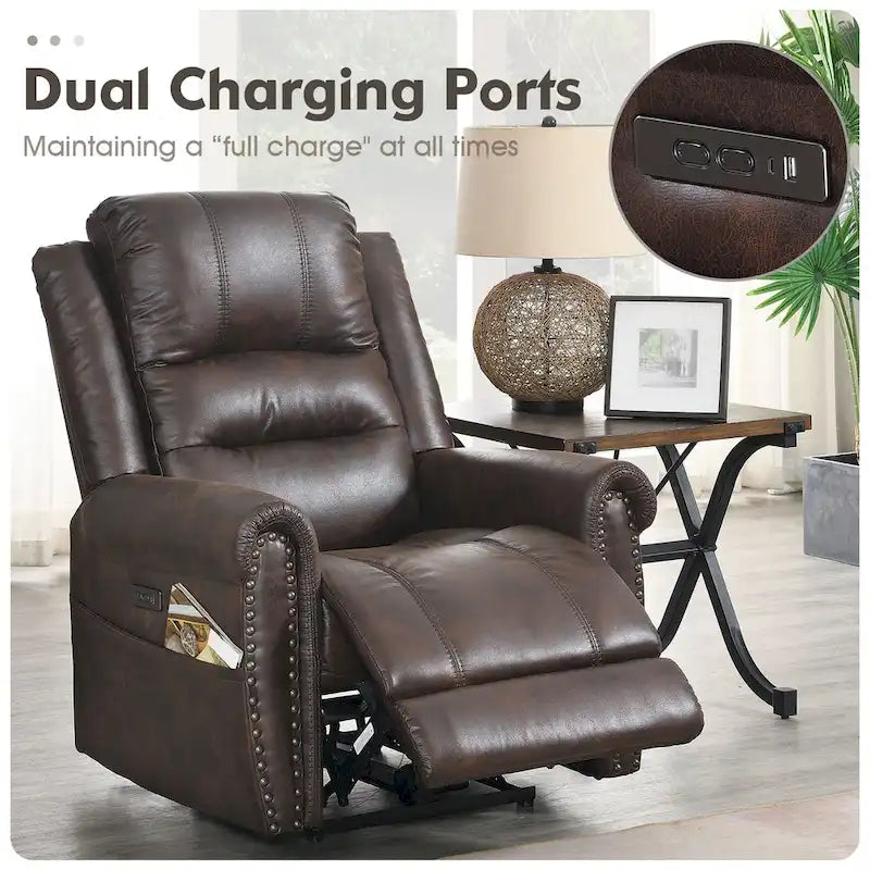 Fauteuil inclinable électrique en similicuir marron avec dossier haut, clous décoratifs et appuie-tête réglable avec port USB