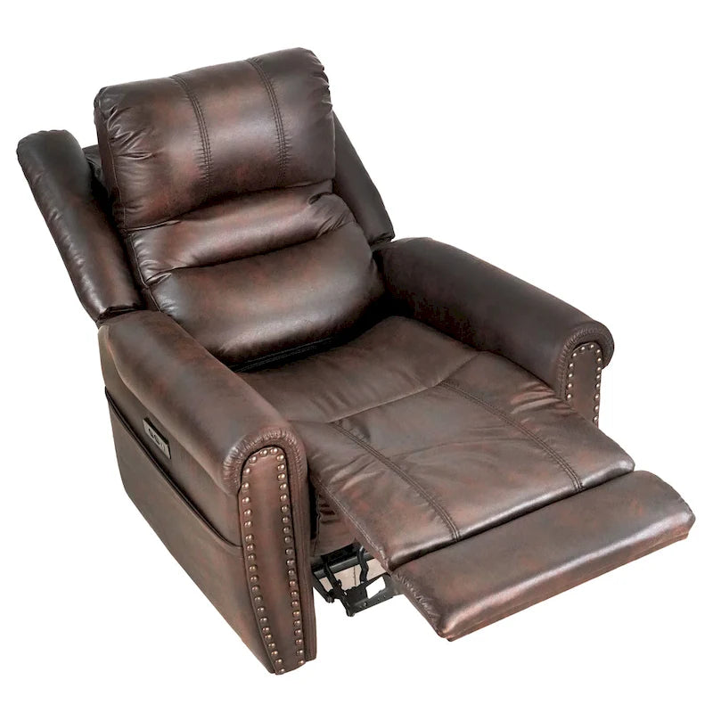 Fauteuil inclinable électrique en similicuir marron avec dossier haut, clous décoratifs et appuie-tête réglable avec port USB