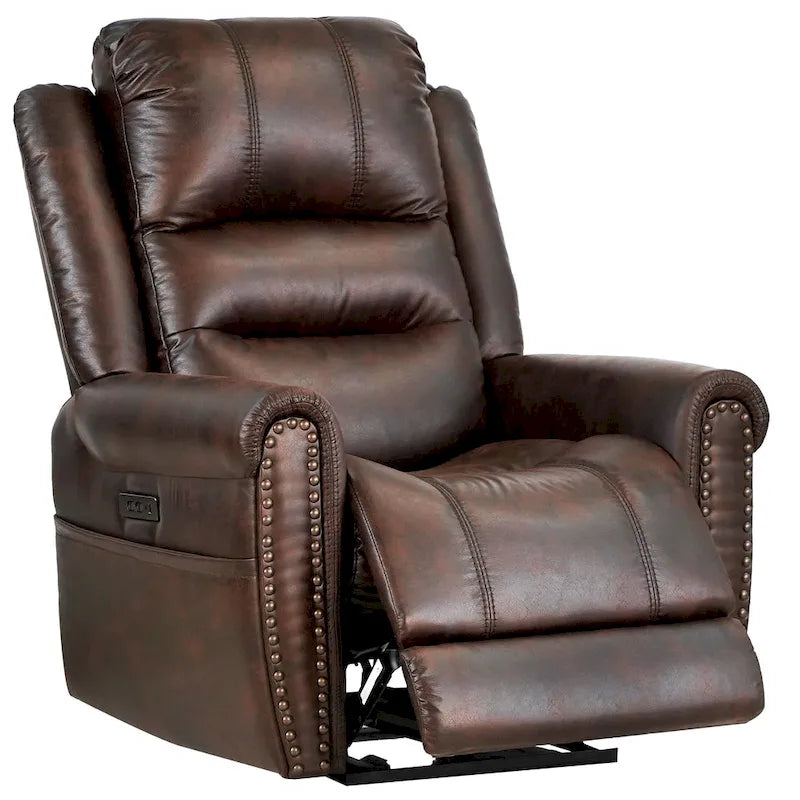 Fauteuil inclinable électrique en similicuir marron avec dossier haut, clous décoratifs et appuie-tête réglable avec port USB