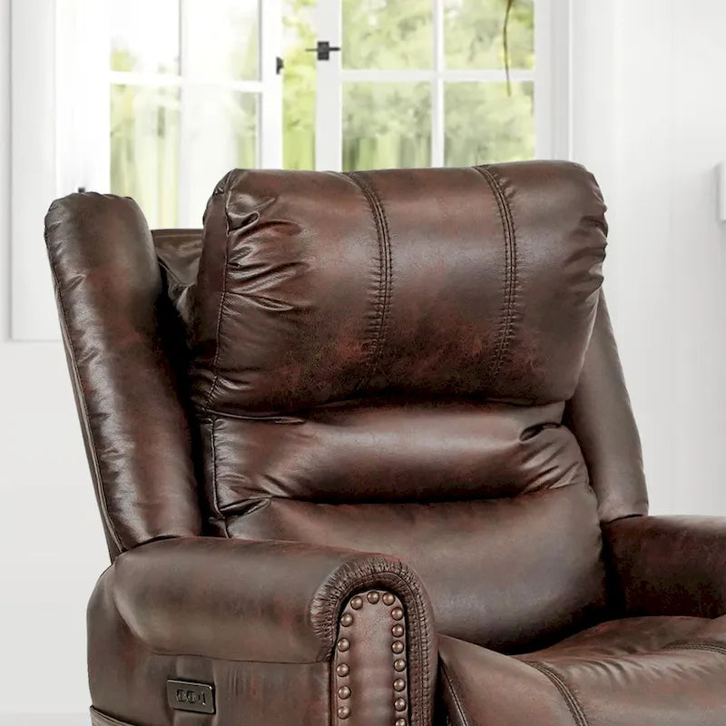 Fauteuil inclinable électrique en similicuir marron avec dossier haut, clous décoratifs et appuie-tête réglable avec port USB