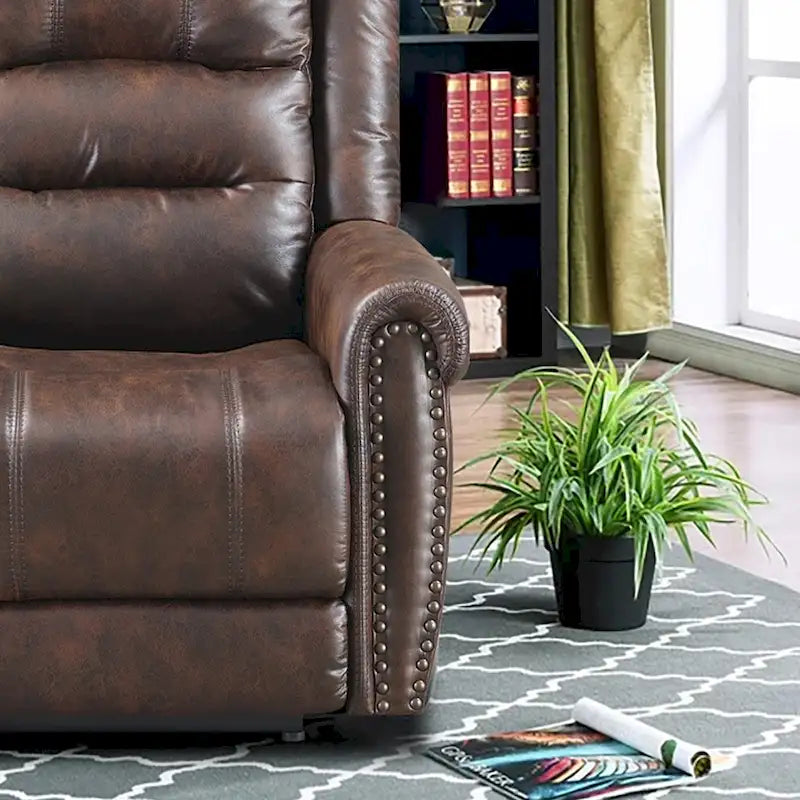 Fauteuil inclinable électrique en similicuir marron avec dossier haut, clous décoratifs et appuie-tête réglable avec port USB