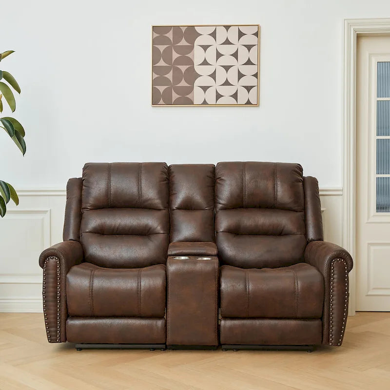 Fauteuil inclinable électrique en similicuir marron avec dossier haut, clous décoratifs et appuie-tête réglable avec port USB