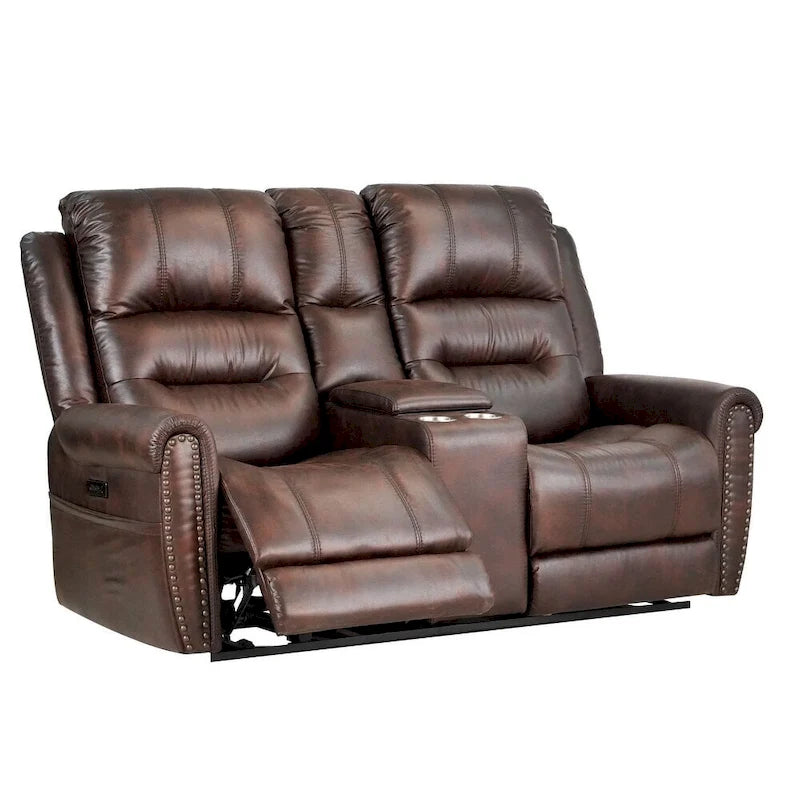 Fauteuil inclinable électrique en similicuir marron avec dossier haut, clous décoratifs et appuie-tête réglable avec port USB